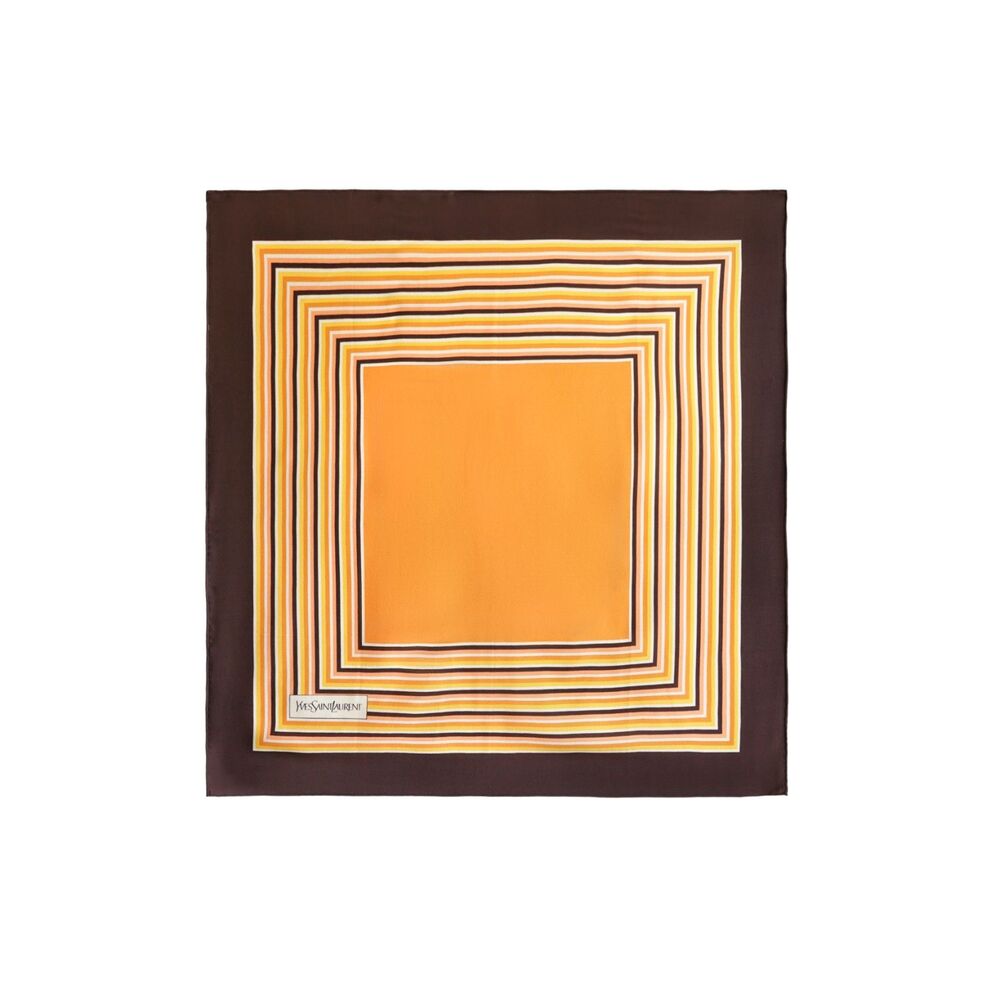 1970's YSL Silk Scarf Concentric Square Stripe Border Print Brown Orange